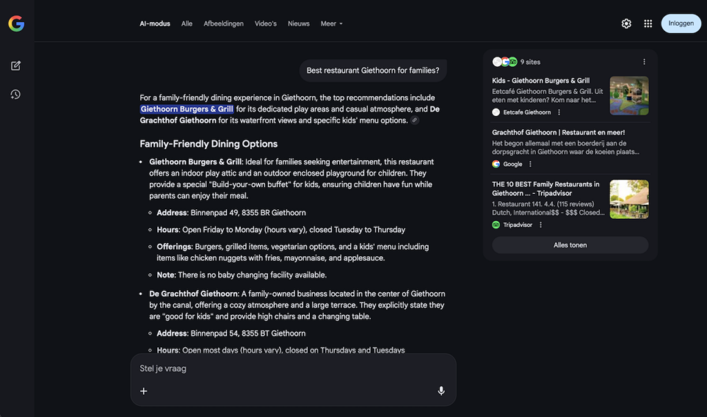 Giethoorn Burgers & Grill in Google AI Mode