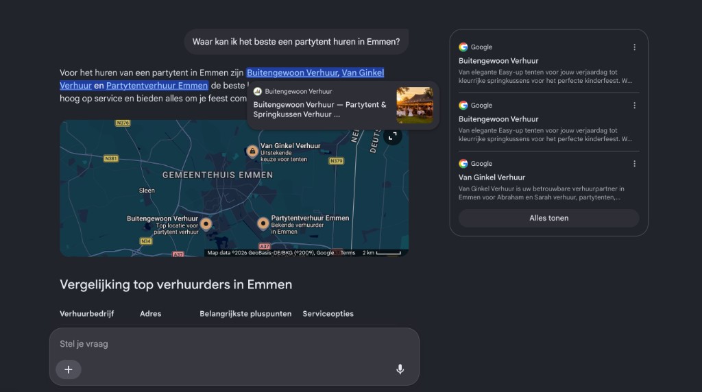Buitengewoon Verhuur in Google AI Mode bij 'Waar kan ik het beste een partytent huren in Emmen?'