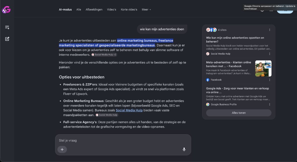 Social Media Hulp in Google AI Mode bij 'wie kan mijn advertenties doen'